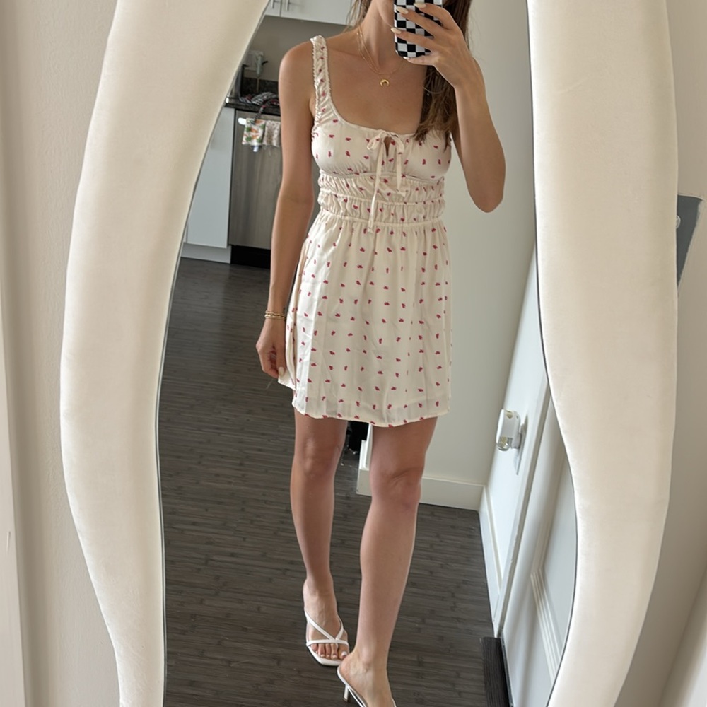 Small cream satin silky mini dress with tiny pinkish red flowers floral